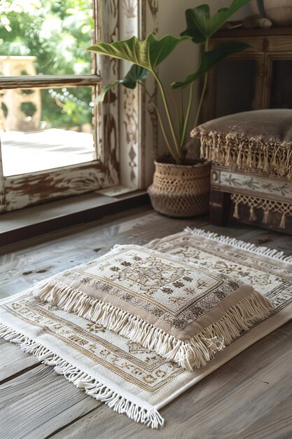 Photo a rug with a white and gold design is a beautiful rug