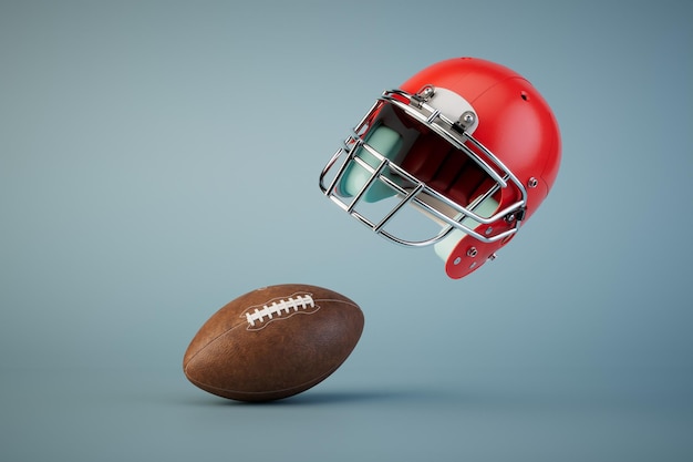 Rugby ball and helmet on turquoise background 3d render