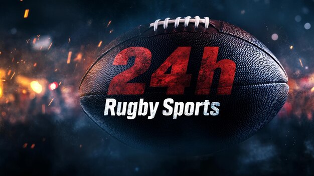 Photo rugby ball with numbers 24 and fireworks on dark background