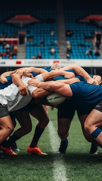 Photo rugby fitness scrum or men trning in stadium on grass field in match practice or sports game teamwo