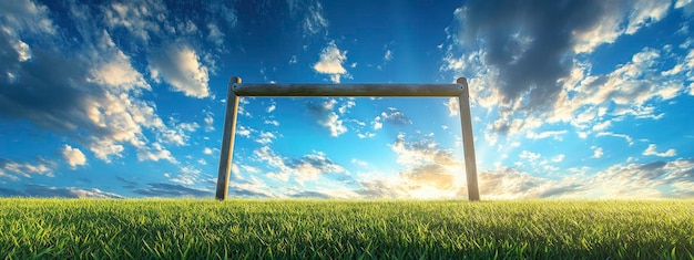 Photo rugby goalposts with grass field and blue sky background