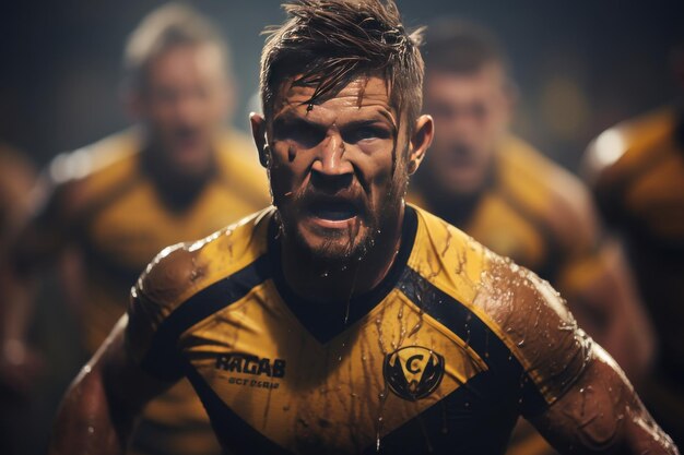 Rugby player in action during a muddy match at dusk