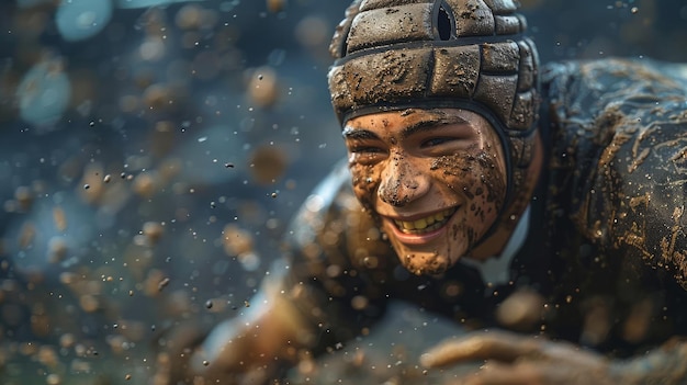 Rugby player in mudsplattered uniform a grin showing despite the games roughness vivid style