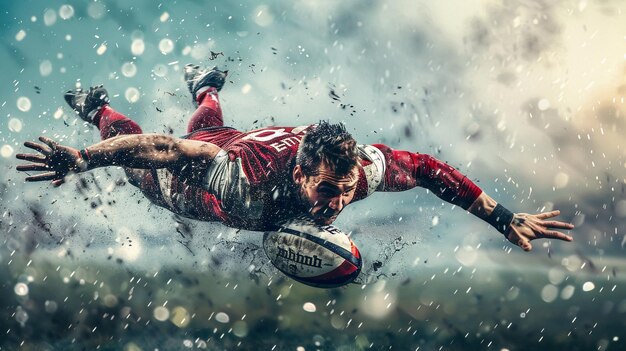 Photo a rugby player in a red and white uniform is diving for the ball