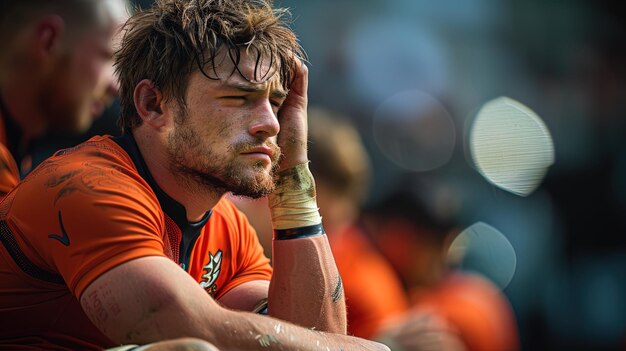 Photo rugby player resting on bench during match