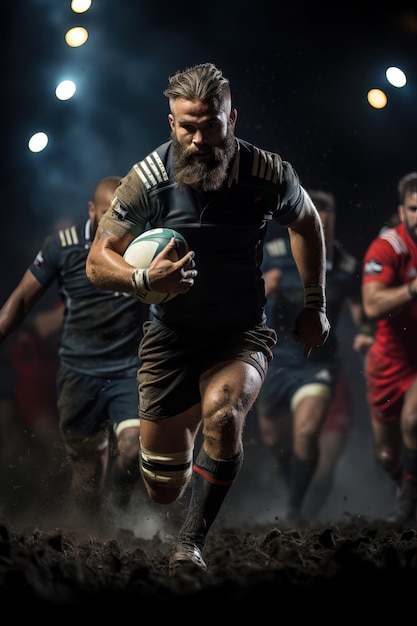 Rugby player with a blue jersey and long beard runs with the ball during a match Vertical shot