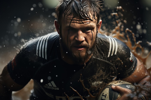 Rugby players sprinting through mud during intense match