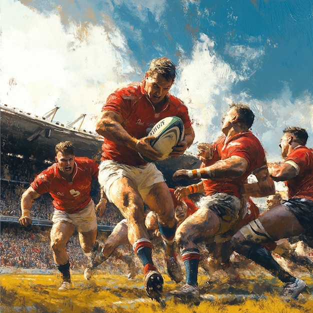 A rugby team in action during a tackle with a packed stadium in the background