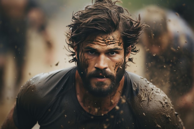 Rugged athlete playing rugby in muddy field during match