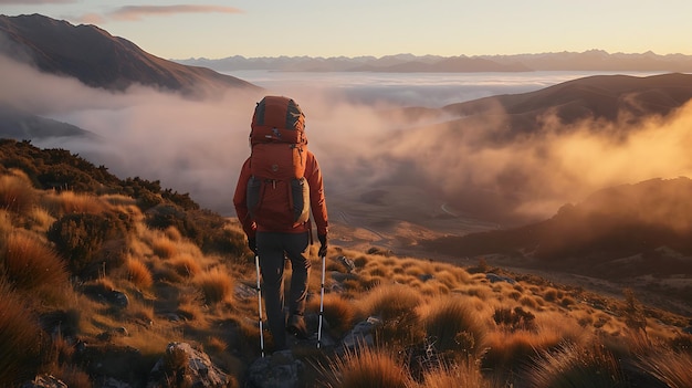 Photo a rugged backpacker using the latest hiking gear trekking through a breathtaking mountain landscape