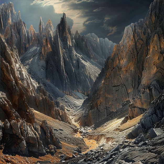 A rugged mountain landscape with jagged peaks