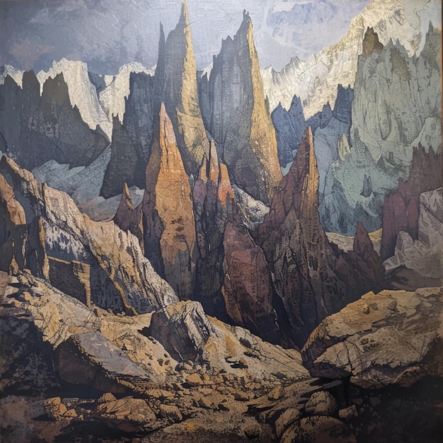 A rugged mountain landscape with jagged peaks