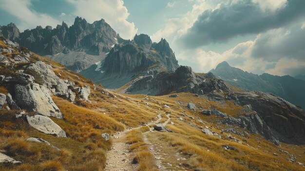 Photo a rugged mountain pass with winding trails leading through alpine meadows and rocky slopes