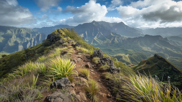 A rugged mountain trail with panoramic views