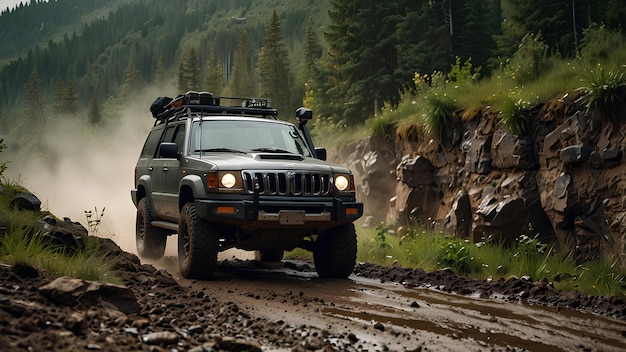 Rugged OffRoad SUV Conquering a Muddy Mountain Trail