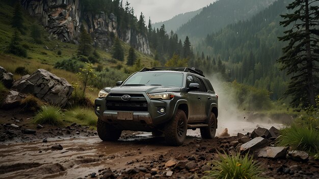 Rugged OffRoad SUV Conquering a Muddy Mountain Trail