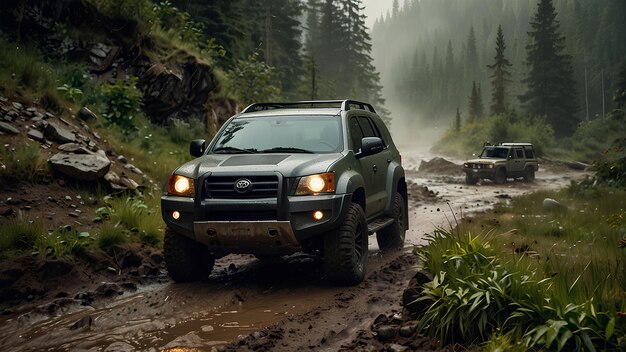 Rugged OffRoad SUV Conquering a Muddy Mountain Trail