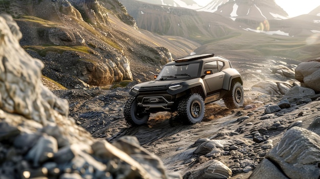 Photo rugged offroad suv on a rocky mountain trail under clear blue sky adventure and outdoor travel