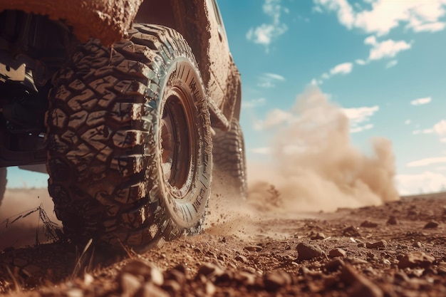 Rugged OffRoad Truck Tire on a Dusty Trail Under a Blue Sky