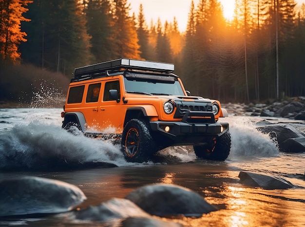 Rugged orange off road vehicle driving trough river in the forest auto adventure concept automotive