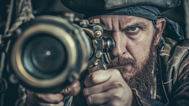 Photo a rugged pirate focuses intently as he aims a vintage sniper rifle embodying the spirit of adventure on a dark evening