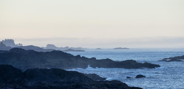 Rugged rocks on a rocky shore on the west coast of pacific ocean