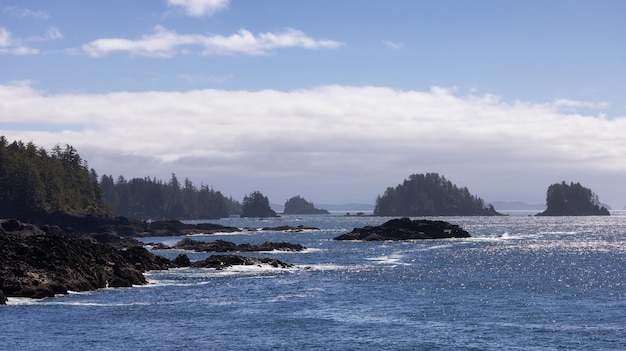 Rugged rocks on a rocky shore on the west coast of pacific ocean