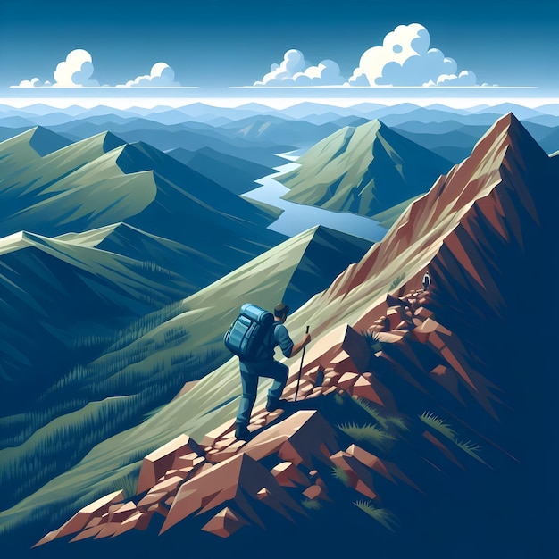 In the rugged terrain of the Appalachian Mountains under a clear blue sky isometric style of a lon