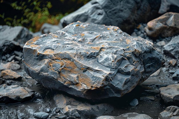 Rugged Textured Rock on Pebbled Riverbed in Natural Setting