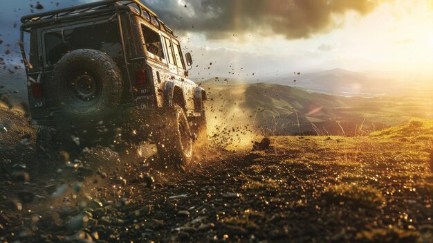 A rugged vehicle kicks up dirt as it speeds across the countryside with dramatic lighting capturing the intensity of the moment