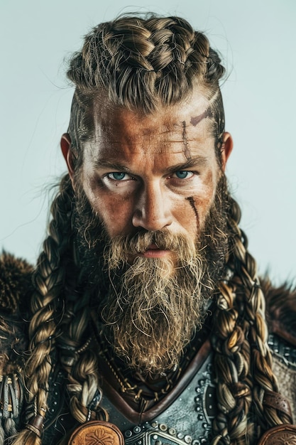 Rugged Viking man with braids isolated against a white backdrop