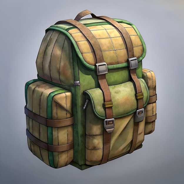 A rugged and worn green and tan backpack perfect for adventurous journeys