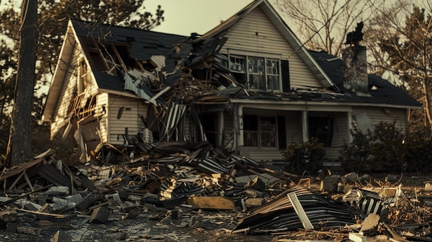 Photo ruined abandoned homes in a postapocalyptic suburb