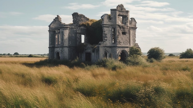 A ruined building in a field of yellow flowers