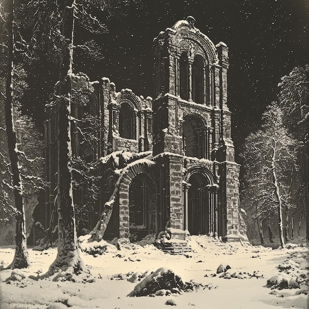 Ruined Church in a Snowy Forest at Night