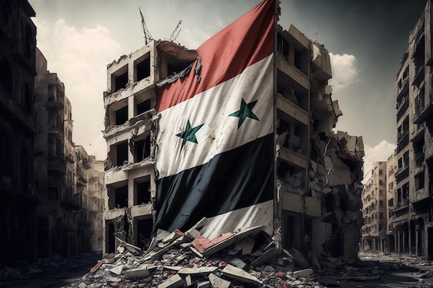 Ruined destroyed buildings with Syria flag on it house after earthquake or war