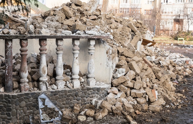 Ruined house. Demolition of a building. Demolition of an old dilapidated building before the construction of a new one on the same site. Old ruined abandoned building.