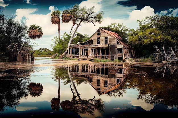 Ruined houses in flooded forest after aftermath hurricane