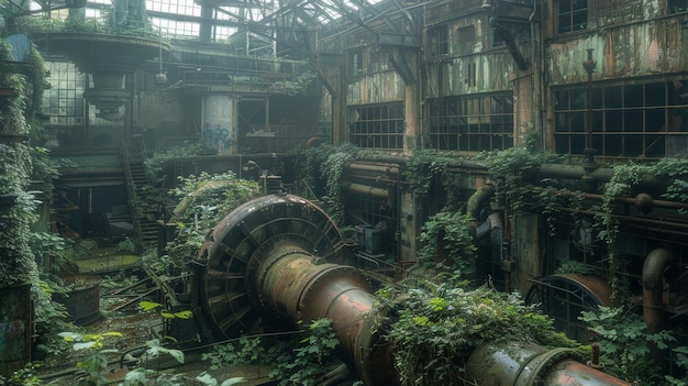 A ruined industrial complex with Cult Party Kei elements machinery overgrown with plants