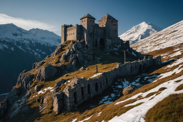 Ruined Mountain Fortress at Sunset