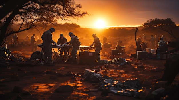 The ruins after the battle people are cleaning the battlefield