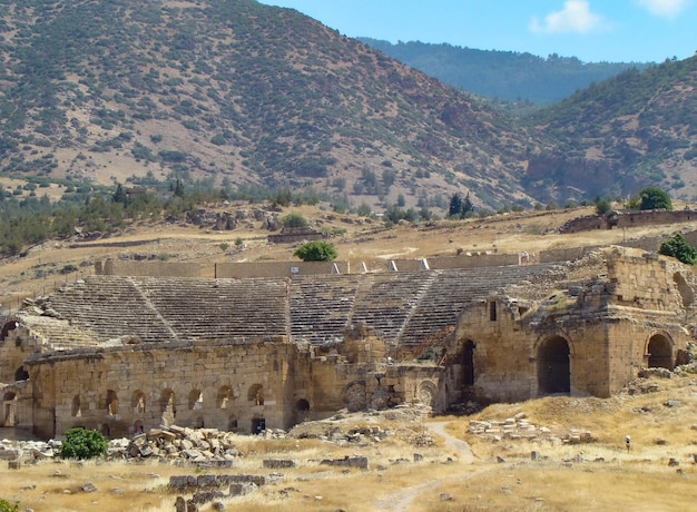 Ruins of an amphitheater in the ancient city of Hieropolis Turkey