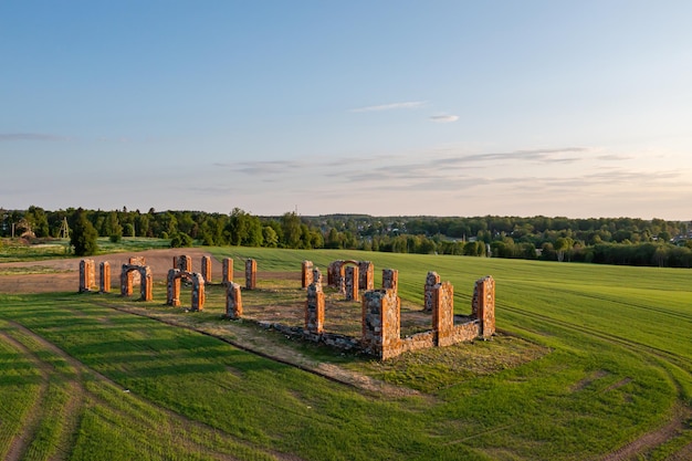 Ruins of an ancient building that looks like Stonehenge aerial view Smiltene Latvia