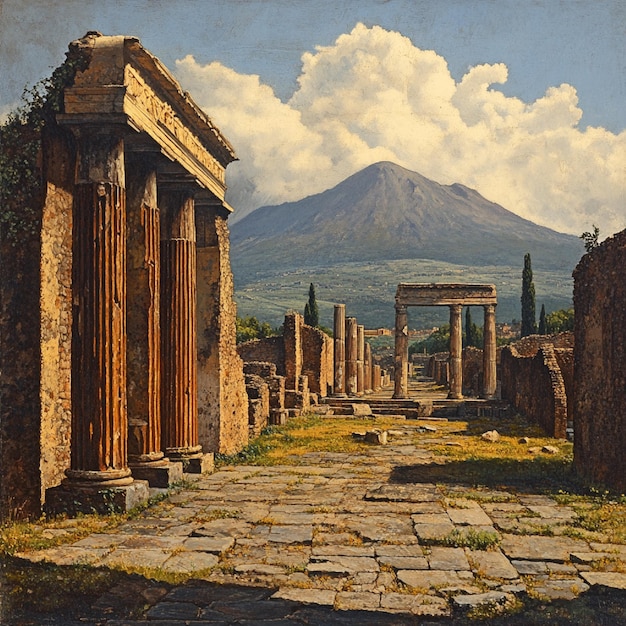 Photo the ruins of the ancient city of pompeii with mount vesuvius in the background