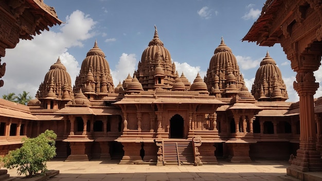 ruins of an ancient Hindu temple made of red sandstone with intricate carvings