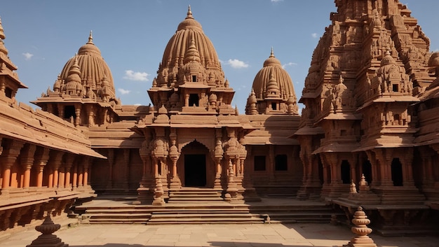 ruins of an ancient Hindu temple made of red sandstone with intricate carvings