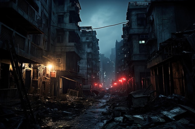 Ruins of a building in the city at night China A haunting image of a once vibrant cityscape transformed into a nightmarish decaying hellscape AI Generated