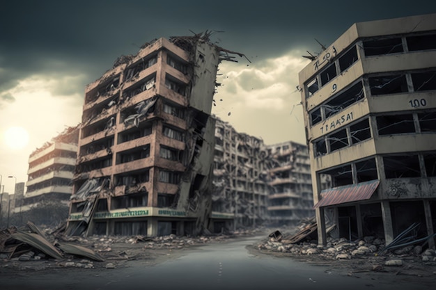 Ruins of a city totally destroyed during the Third Nuclear World War foggy sky background