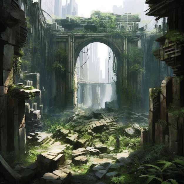 Ruins of a city with a bridge in the middle