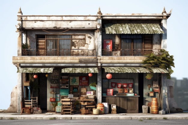 The ruins of a dilapidated shuttered Chinese style store